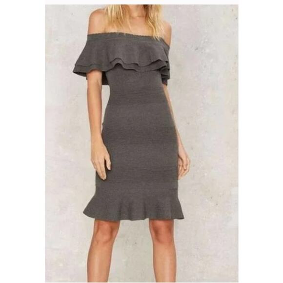 NEW Endless Rose Women's Knit Midi Bodycon Dress Gray S Off-the-Shoulder Ruffle - Picture 10 of 10